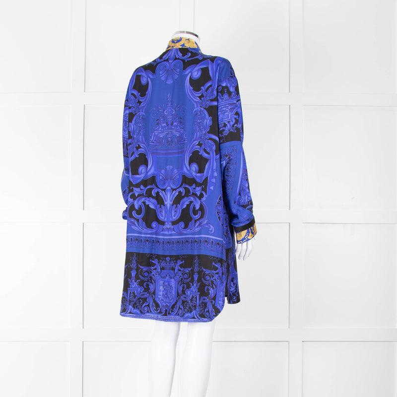 Versace Black Electric Blue Barocco Print Silk Tunic Shirt