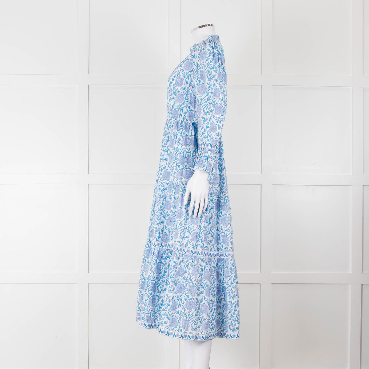 Pink City Prints White Blue Floral Cotton Tiered Midi Dress