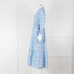Pink City Prints White Blue Floral Cotton Tiered Midi Dress