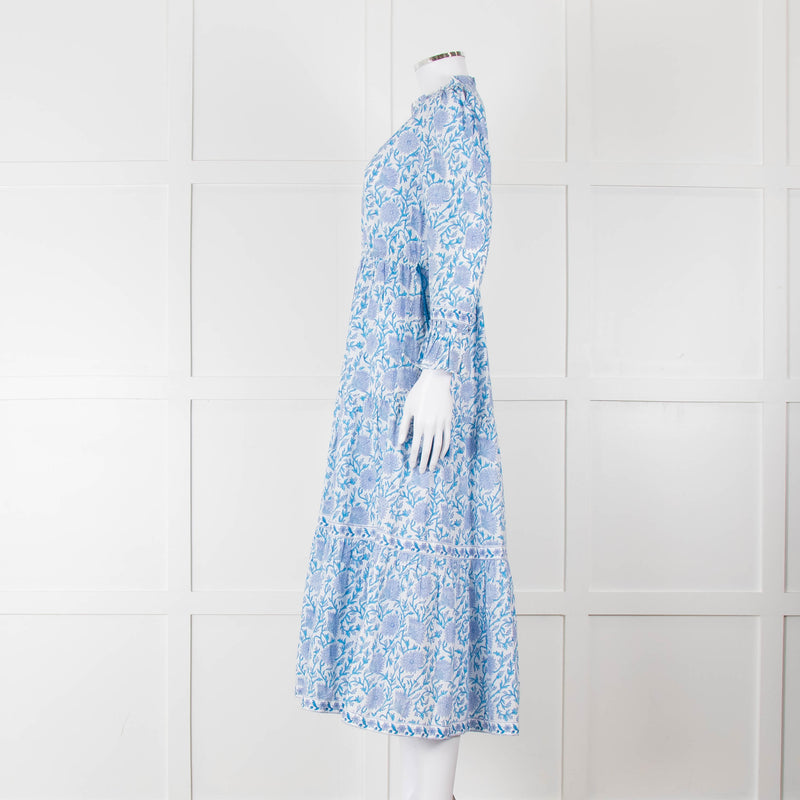 Pink City Prints White Blue Floral Cotton Tiered Midi Dress