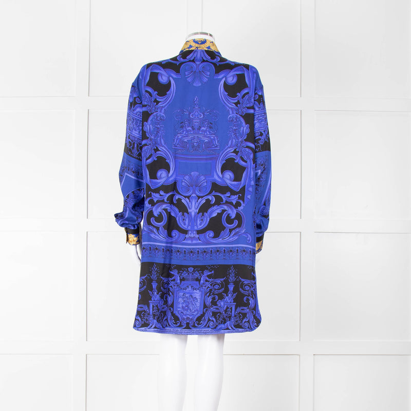 Versace Black Electric Blue Barocco Print Silk Tunic Shirt