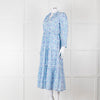 Pink City Prints White Blue Floral Cotton Tiered Midi Dress