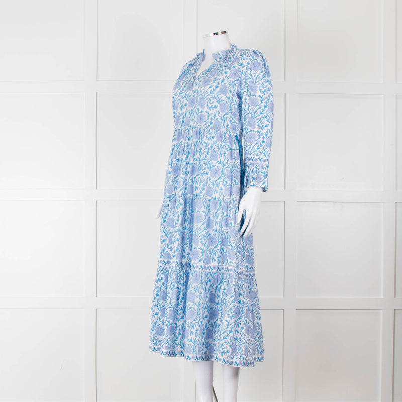 Pink City Prints White Blue Floral Cotton Tiered Midi Dress