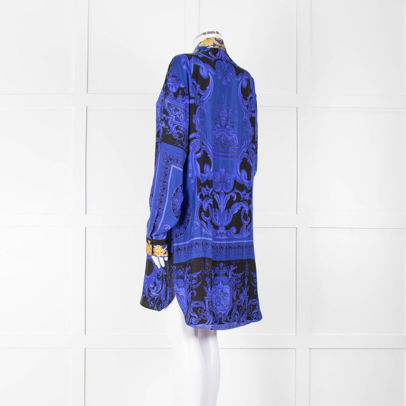 Versace Black Electric Blue Barocco Print Silk Tunic Shirt