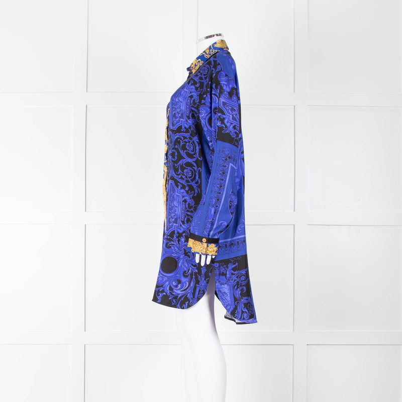 Versace Black Electric Blue Barocco Print Silk Tunic Shirt