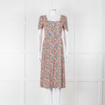 Sezane Cream Red Blue Floral Short Sleeve Midi Dress