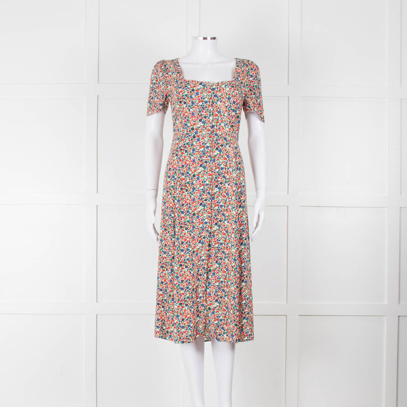 Sezane Cream Red Blue Floral Short Sleeve Midi Dress