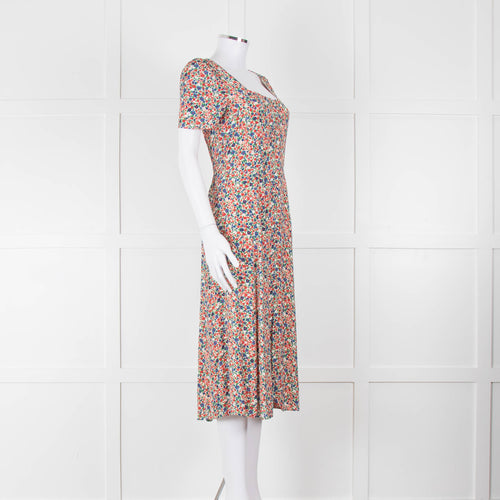 Sezane Cream Red Blue Floral Short Sleeve Midi Dress