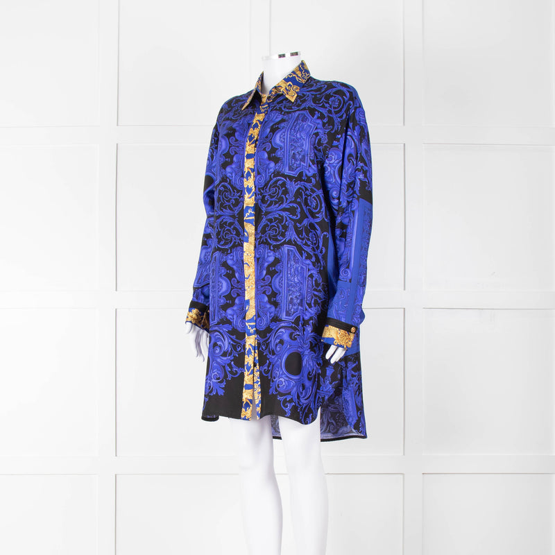Versace Black Electric Blue Barocco Print Silk Tunic Shirt