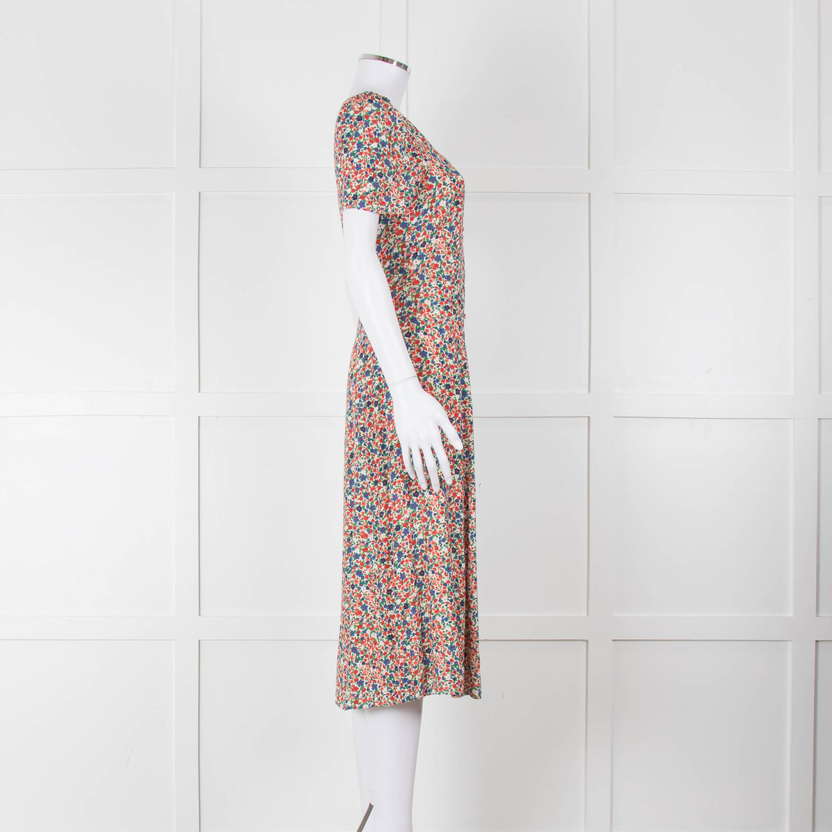 Sezane Cream Red Blue Floral Short Sleeve Midi Dress