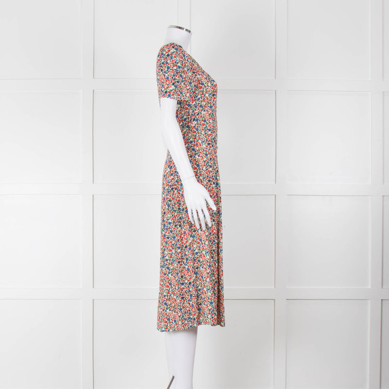 Sezane Cream Red Blue Floral Short Sleeve Midi Dress