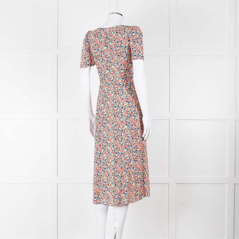 Sezane Cream Red Blue Floral Short Sleeve Midi Dress