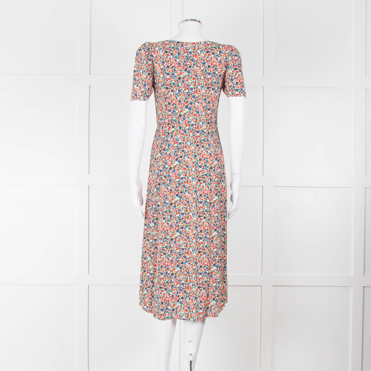 Sezane Cream Red Blue Floral Short Sleeve Midi Dress