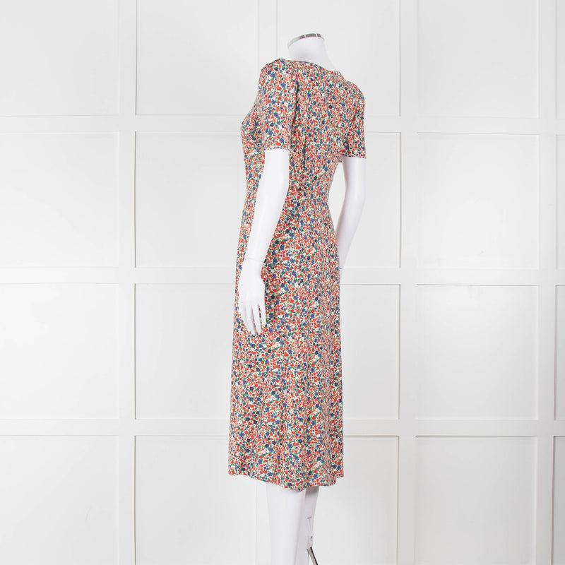 Sezane Cream Red Blue Floral Short Sleeve Midi Dress
