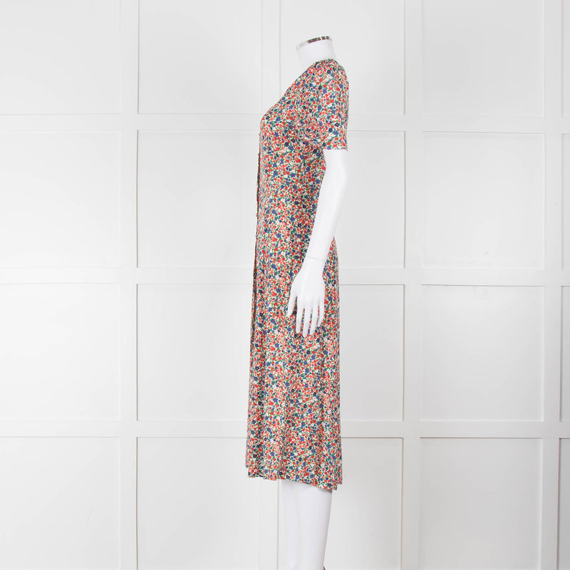 Sezane Cream Red Blue Floral Short Sleeve Midi Dress