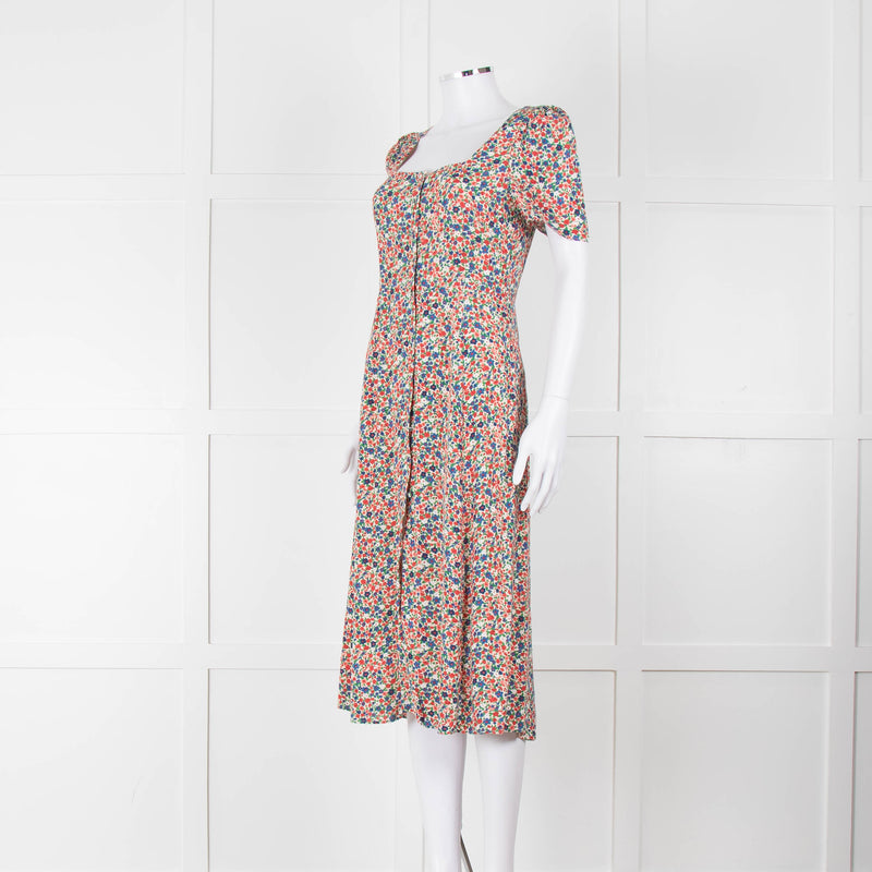 Sezane Cream Red Blue Floral Short Sleeve Midi Dress