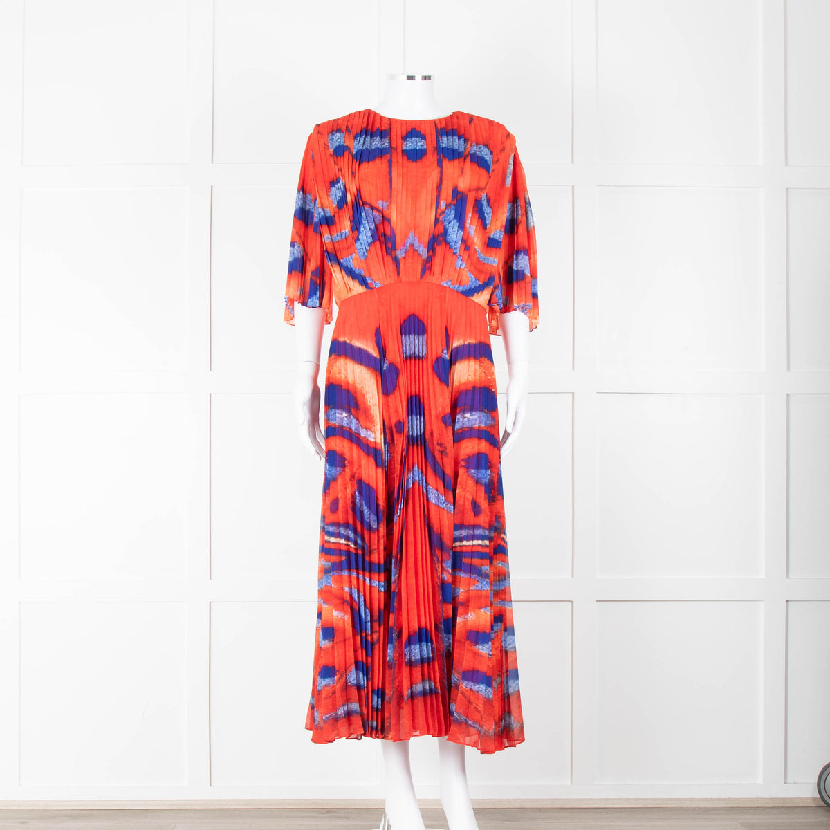 Altuzarra Orange Blue Pleated Short Sleeve Midi Dress