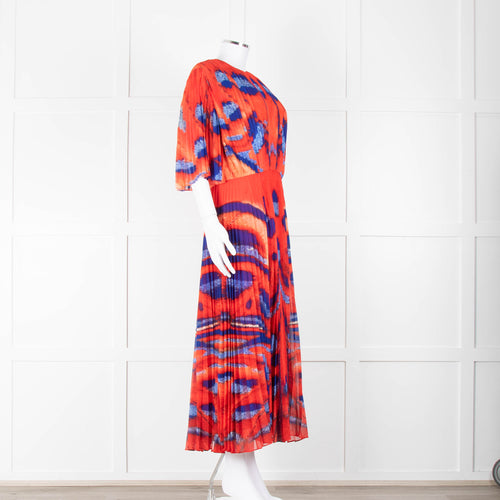Altuzarra Orange Blue Pleated Short Sleeve Midi Dress