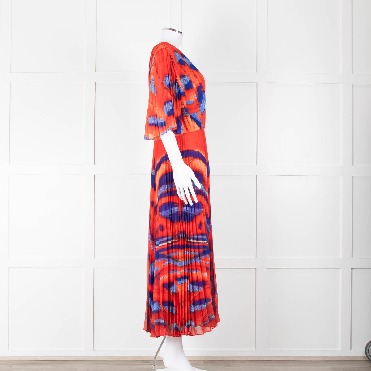 Altuzarra Orange Blue Pleated Short Sleeve Midi Dress