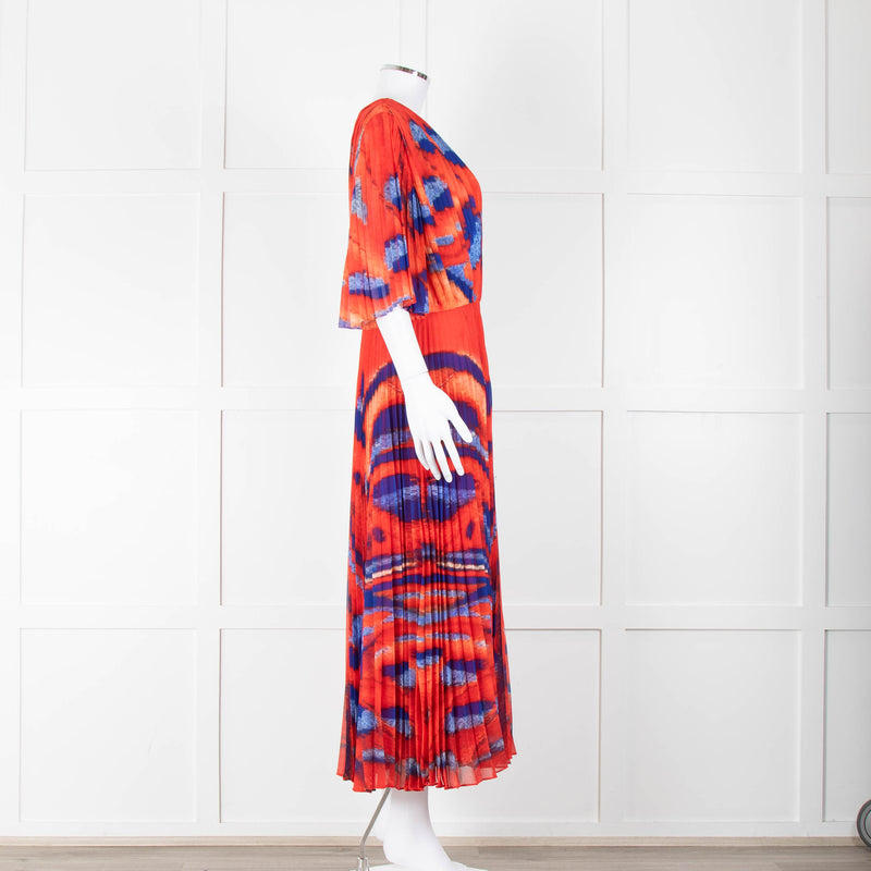 Altuzarra Orange Blue Pleated Short Sleeve Midi Dress