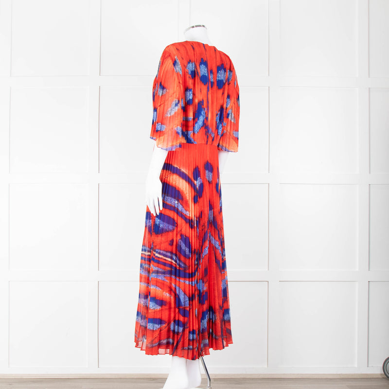 Altuzarra Orange Blue Pleated Short Sleeve Midi Dress