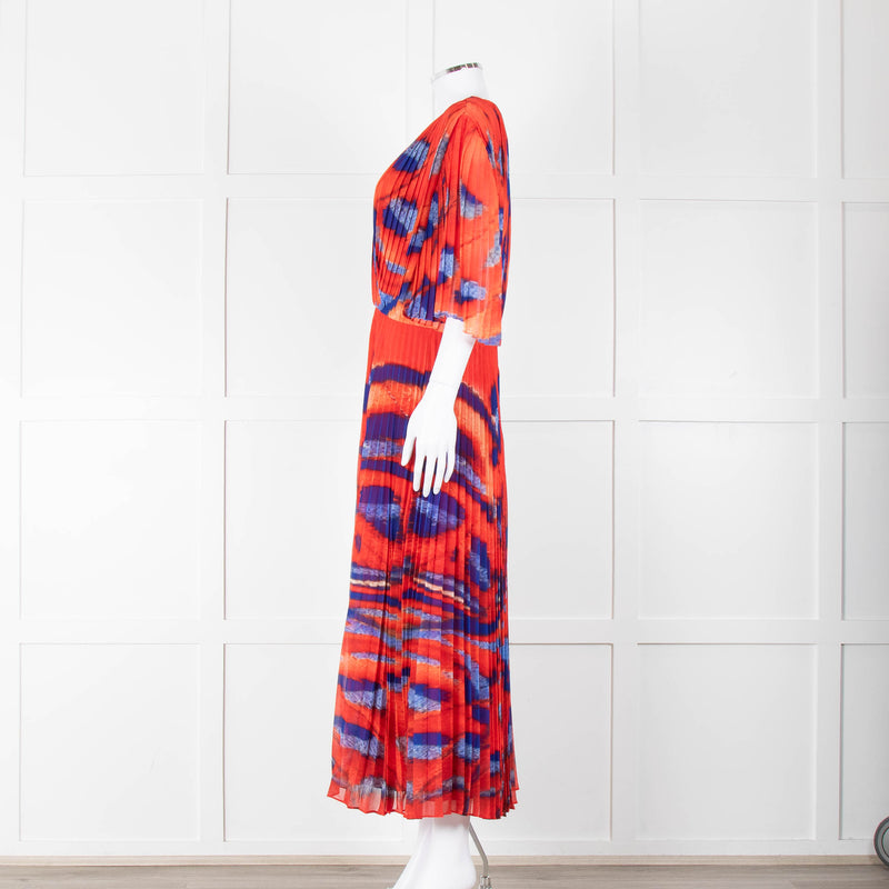 Altuzarra Orange Blue Pleated Short Sleeve Midi Dress