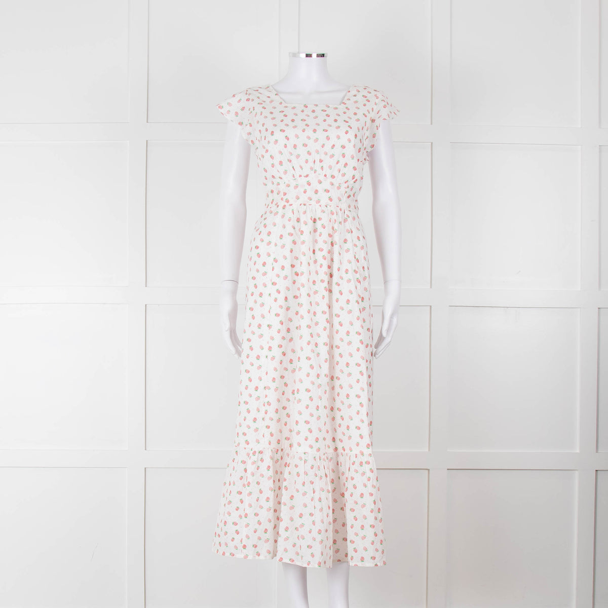Seraphina White Red Strawberry Print Cap Sleeve Midi Cotton Dress