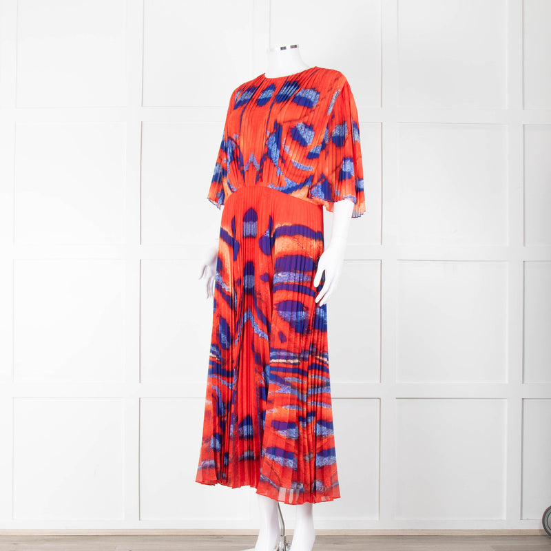 Altuzarra Orange Blue Pleated Short Sleeve Midi Dress