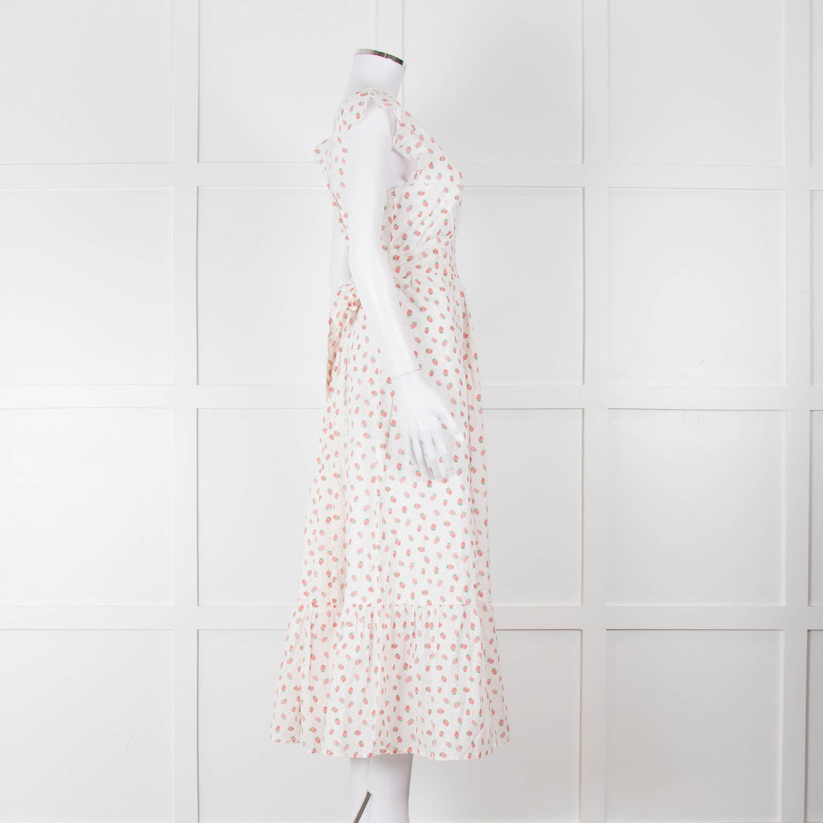Seraphina White Red Strawberry Print Cap Sleeve Midi Cotton Dress