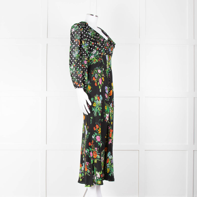 Rixo Black Multi Floral Dot Long Sleeve Dress