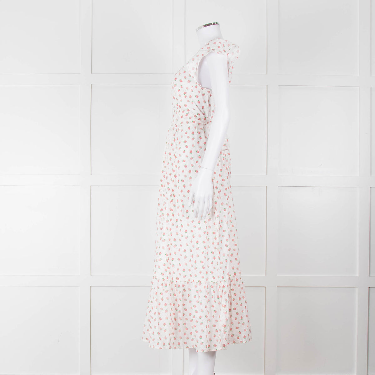 Seraphina White Red Strawberry Print Cap Sleeve Midi Cotton Dress