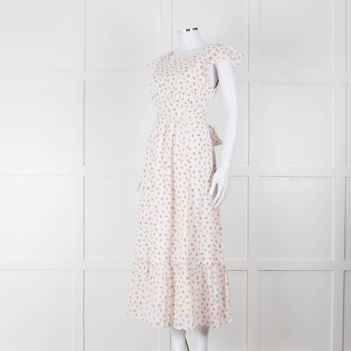 Seraphina White Red Strawberry Print Cap Sleeve Midi Cotton Dress