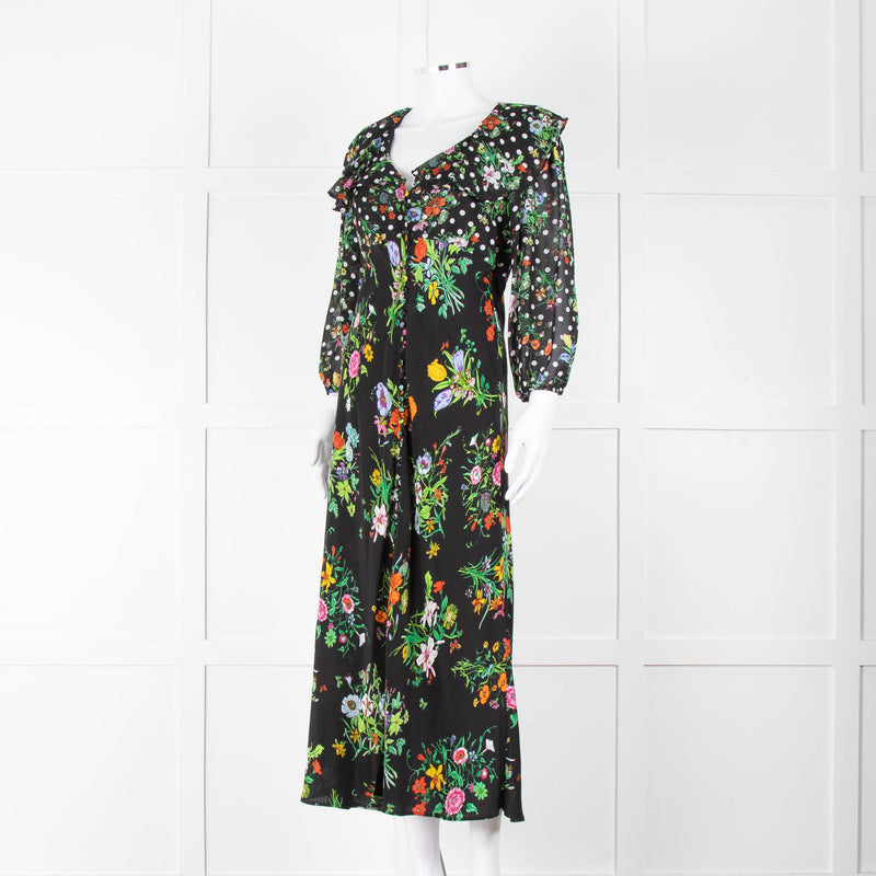 Rixo Black Multi Floral Dot Long Sleeve Dress