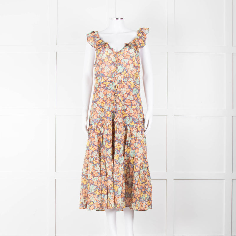 Veronica Beard Coral Green Blue Floral Cotton Ruffle Strap Midi Dress