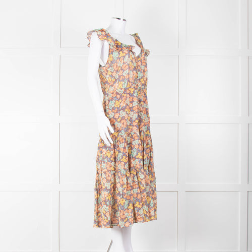 Veronica Beard Coral Green Blue Floral Cotton Ruffle Strap Midi Dress