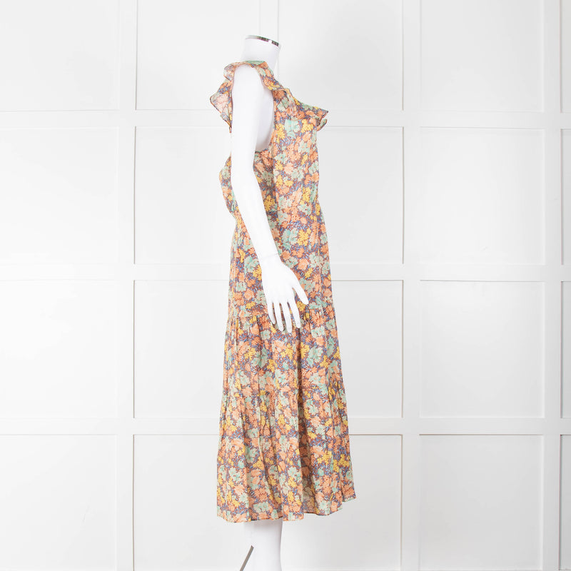 Veronica Beard Coral Green Blue Floral Cotton Ruffle Strap Midi Dress