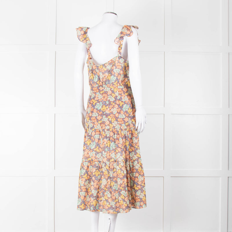 Veronica Beard Coral Green Blue Floral Cotton Ruffle Strap Midi Dress