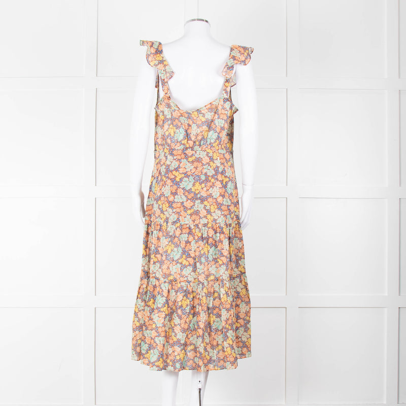 Veronica Beard Coral Green Blue Floral Cotton Ruffle Strap Midi Dress