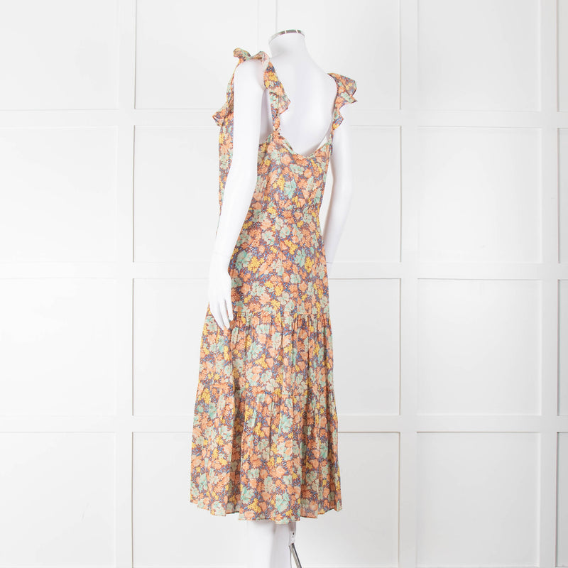 Veronica Beard Coral Green Blue Floral Cotton Ruffle Strap Midi Dress