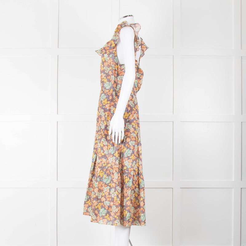 Veronica Beard Coral Green Blue Floral Cotton Ruffle Strap Midi Dress