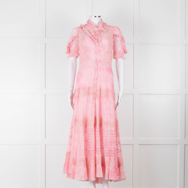 LoveShackFancy Pink Ombre Net And Lace Maxi Dress With Slip