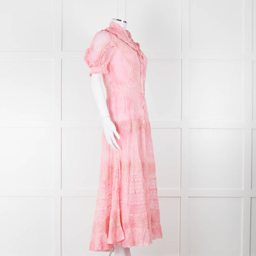 LoveShackFancy Pink Ombre Net And Lace Maxi Dress With Slip