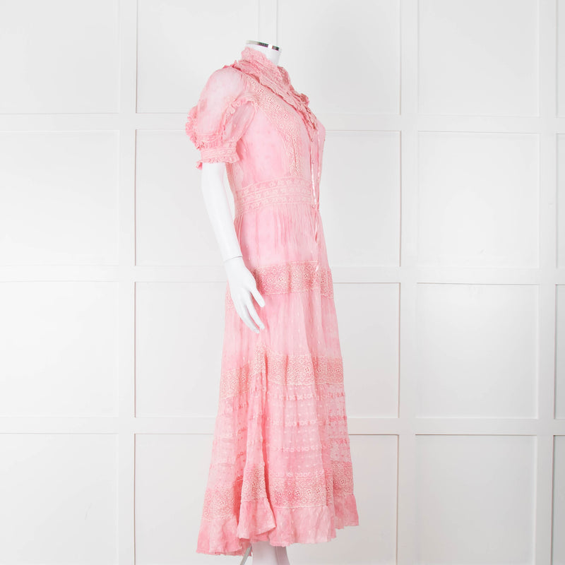 LoveShackFancy Pink Ombre Net And Lace Maxi Dress With Slip