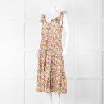 Veronica Beard Coral Green Blue Floral Cotton Ruffle Strap Midi Dress