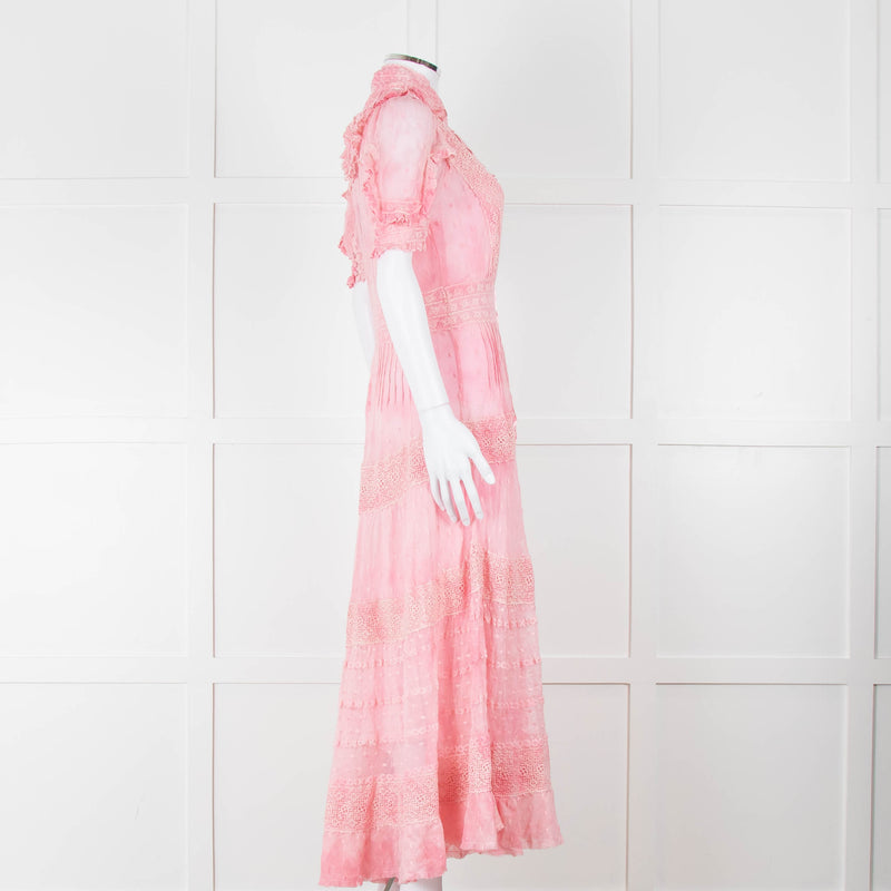 LoveShackFancy Pink Ombre Net And Lace Maxi Dress With Slip