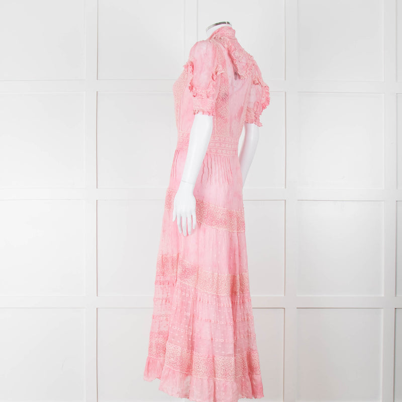 LoveShackFancy Pink Ombre Net And Lace Maxi Dress With Slip