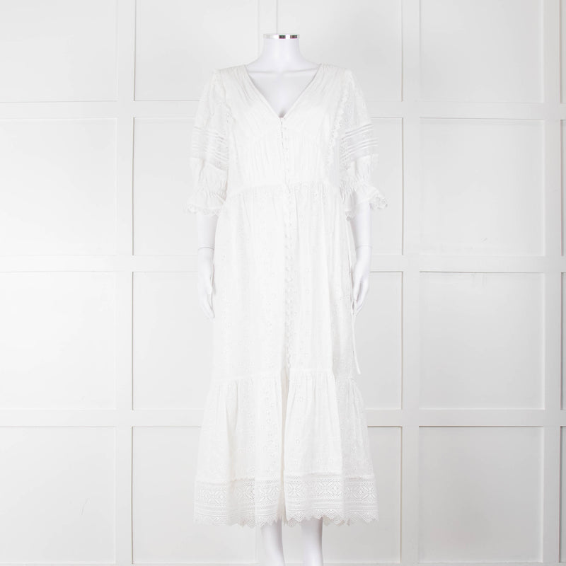 Self-Portrait White Cotton Broderie Anglaise Puff Sleeve Long Dress