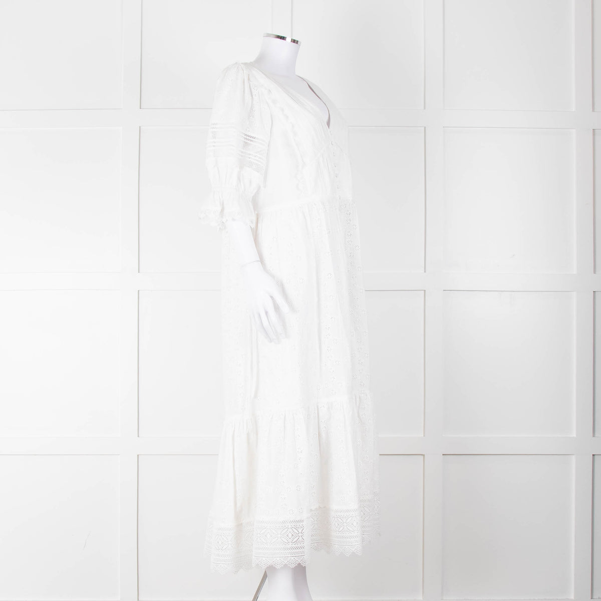 Self-Portrait White Cotton Broderie Anglaise Puff Sleeve Long Dress