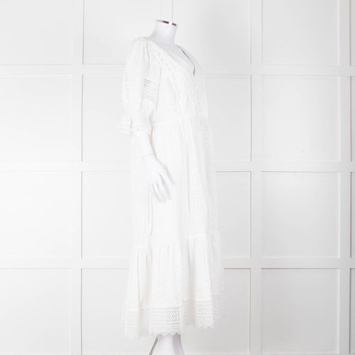 Self-Portrait White Cotton Broderie Anglaise Puff Sleeve Long Dress