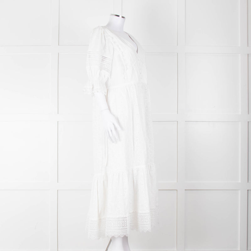 Self-Portrait White Cotton Broderie Anglaise Puff Sleeve Long Dress